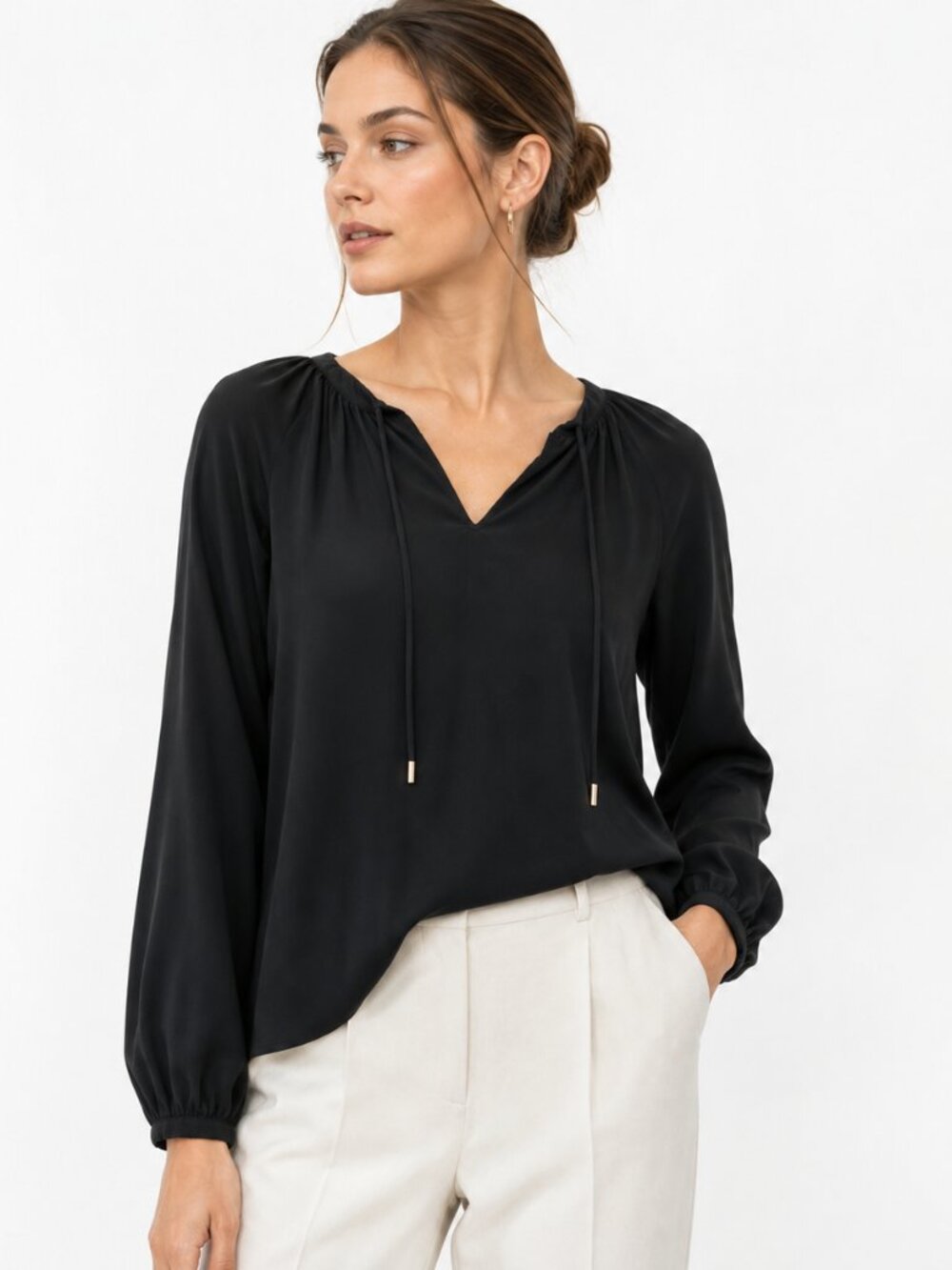 Lilly Pulitzer Willa Blouse Womens XS Onyx Black Tie Neck Long Sleeve Rayon